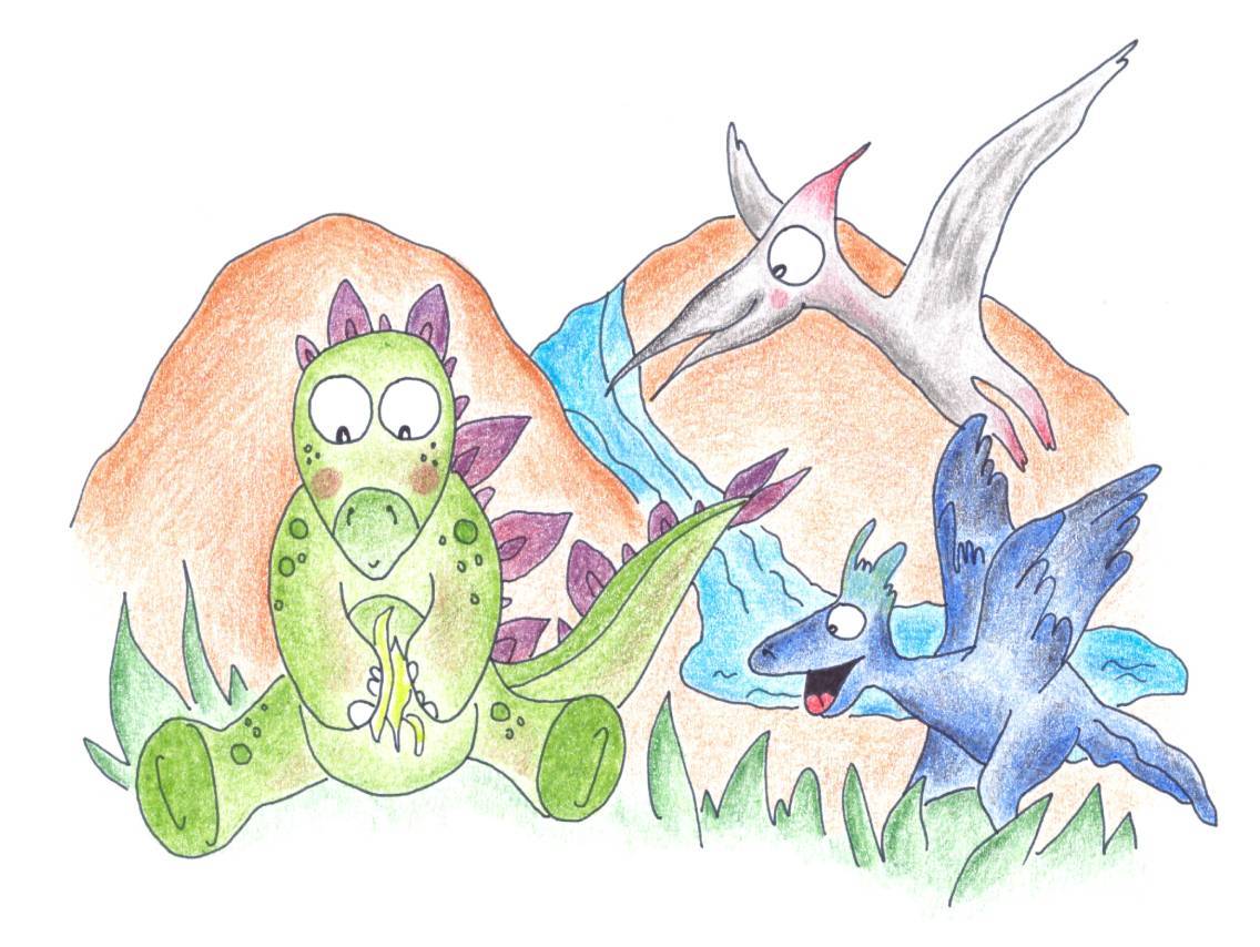 ilustrace dinosauři u vodopádu
