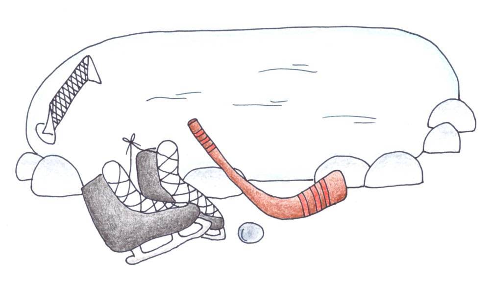 ilustrace brusle a hokejka a rybník a na něm branky