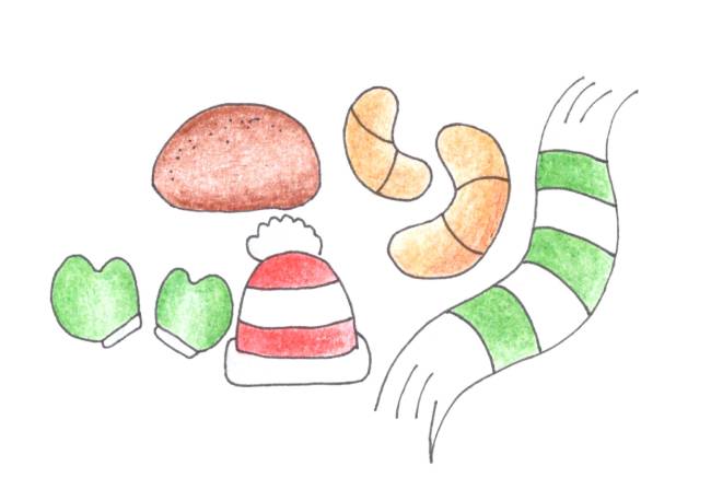 ilustrace chleba, rohlíčky, šála čepice…