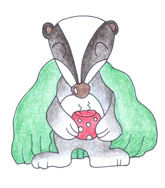 ilustrace jezevce s dekou a čajem